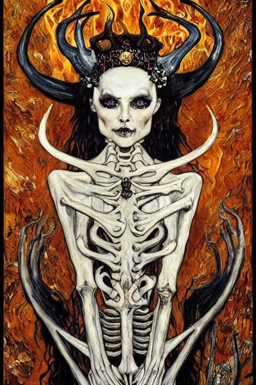 Image similar to The Queen of Bones by Karol Bak, Jean Deville, Gustav Klimt, and Vincent Van Gogh, portrait of a majestic demonic queen, beautiful vampire queen, jade green cat eyes on fire, mystic eye, otherworldly, crown made of bones, antlers, horns, ornate jeweled crown, skull, fractal structures, arcane, inscribed runes, infernal relics, ornate gilded medieval icon, third eye, spirals, rich deep moody colors