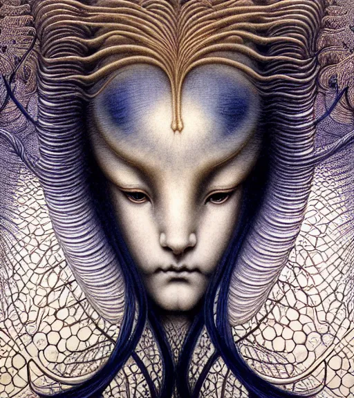 Image similar to detailed realistic beautiful kitsune goddess face portrait by jean delville, gustave dore, iris van herpen and marco mazzoni, art forms of nature by ernst haeckel, art nouveau, symbolist, visionary, gothic, neo - gothic, pre - raphaelite, fractal lace, intricate alien botanicals, ai biodiversity, surreality, hyperdetailed ultrasharp octane render