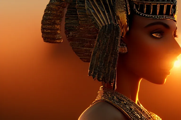 Image similar to a beautiful award winning photo of Cleopatra, golden hour, very detailed and sharp, 4k cinematic