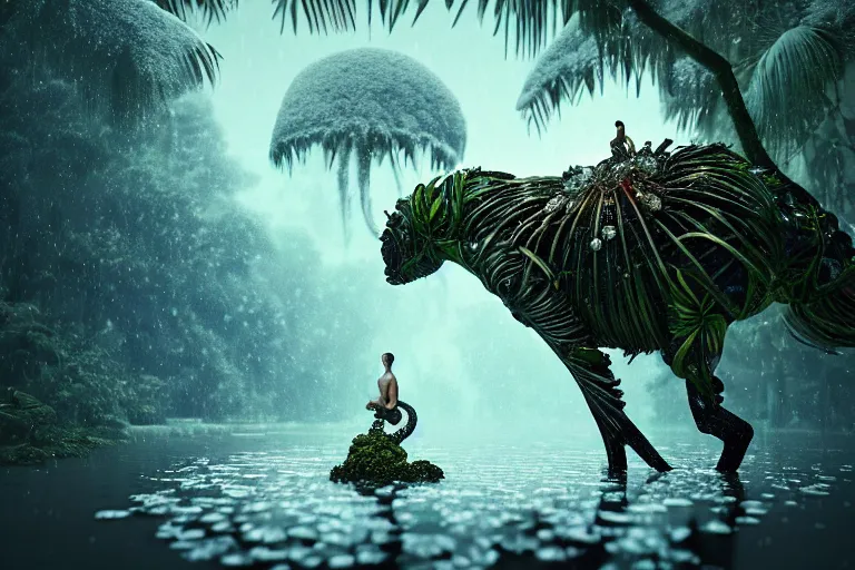 Image similar to creature in a lush tropical vegetation, snow snow, water reflection, night, backlit : : by michal karcz, daniel merriam, victo ngai and guillermo del toro : : ornate, dynamic, particulate, intricate, elegant, highly detailed, centered, artstation, smooth, sharp focus, octane render, 3 d