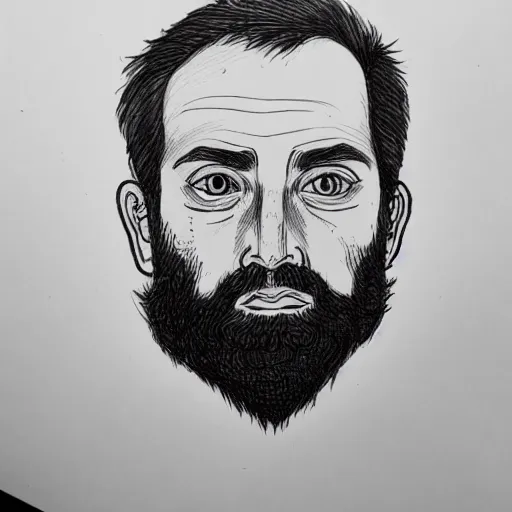 Prompt: portrait, face, symmetrical, half old bearded man, half young boy, outline pen drawing