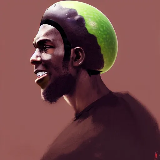 Image similar to side portrait of a goofy looking black guy with a watermelonmelon fruit helmet that covers only the top of his head by greg rutkowski