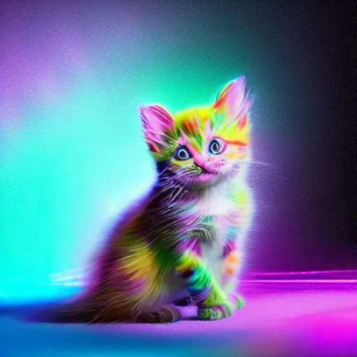 Prompt: full body pose, hyperrealistic photograph of a magic rainbow kitten, dim volumetric lighting, 8 k, octane beautifully detailed render, extremely hyper detailed, intricate, epic composition, cinematic lighting, masterpiece, trending on artstation, very very detailed, stunning, hdr, smooth, sharp focus, high resolution, award, winning photo, dslr, 5 0 mm