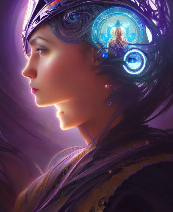 Image similar to a whirlwind of souls rushing inside the metaverse, half body, glowin eyes, tiara with sapphire, pharaoh, android, cyberpunk, d & d, fantasy, intricate, elegant, highly detailed, colorful, vivid color, digital painting, artstation, concept art, art by artgerm and greg rutkowski and alphonse mucha and ruan jia