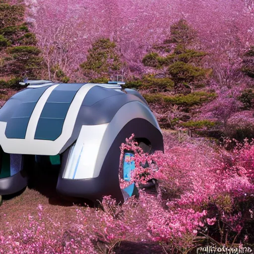 Image similar to a futuristic dieselpunk vehicle fused into hover craft 2 0 8 9 futuristic version, cyberpunk look hovering by mount fuji early in the morning with a few blossom trees around, high quality photo