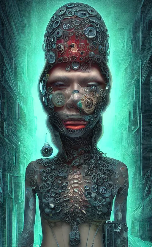 Prompt: cyberpunk cultist by naoto hattori