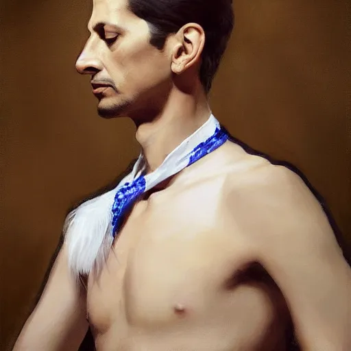 Prompt: hyperrealistic portrait of a man as jeff goldblum touching neck noir white swan dress wearing sapphire jewellery with long feather collar by jeremy mann and alphonse mucha, fantasy art, photo realistic, dynamic lighting, artstation, poster, volumetric lighting, very detailed faces, 4 k, award winning