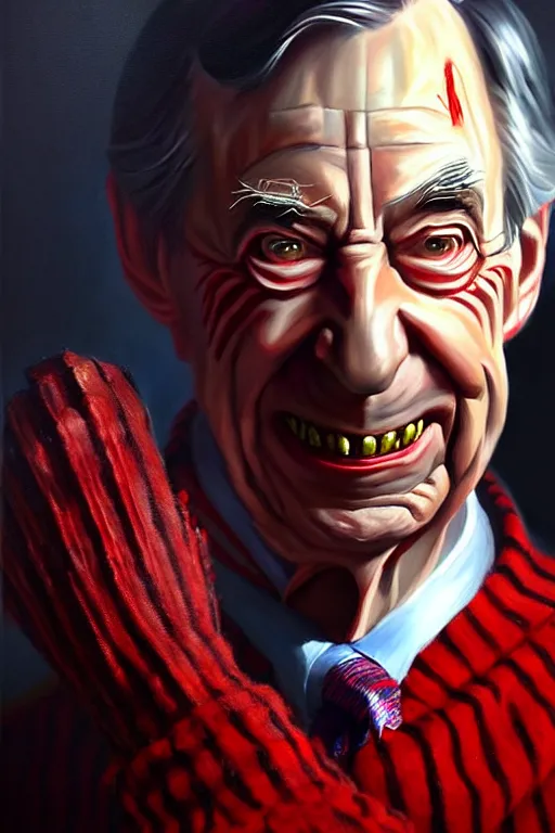 Image similar to hyper realistic portrait painting of evil mr. rogers as freddy krueger, painted by greg rutkowski, wlop, artgerm akoto shinkai trending on artstation