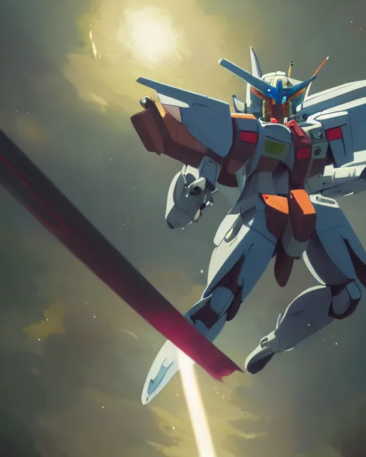 Image similar to highly detailed vfx portrait of a gundam with wings of feathers beam saber fighting in space with a beam gun, unreal engine, greg rutkowski, loish, rhads, beeple, makoto shinkai and lois van baarle, ilya kuvshinov, rossdraws, tom bagshaw, alphonse mucha, global illumination, detailed and intricate environment