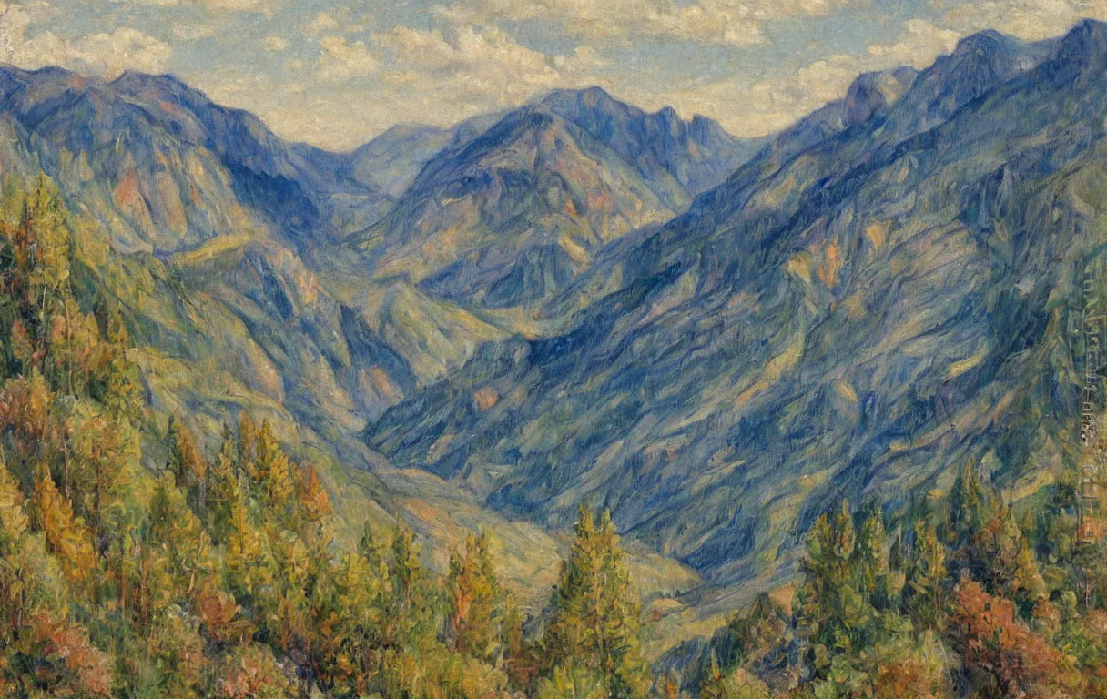 Prompt: Realist colorful impasto painting of the Salmon River mountains by Minerva Teichert, 4k scan, oil on canvas, visible brushstrokes