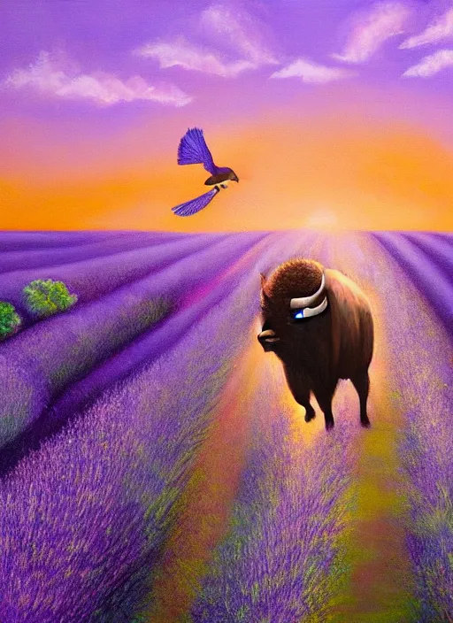 Image similar to A beautiful painting of one flying buffalo with wings in flight over glistening lavender fields at dawn