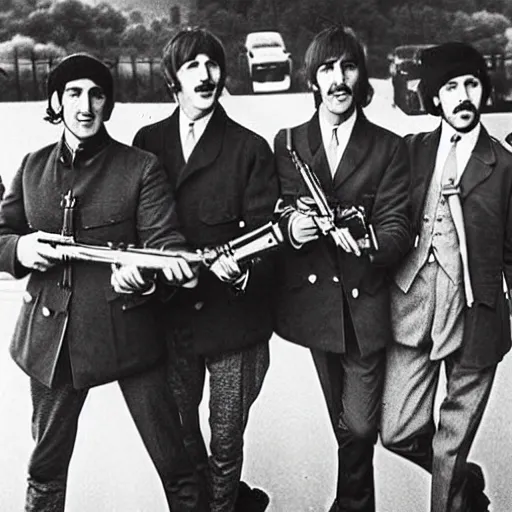 Image similar to old wartime photograph of the beatles carrying lewis guns, 1 9 1 7