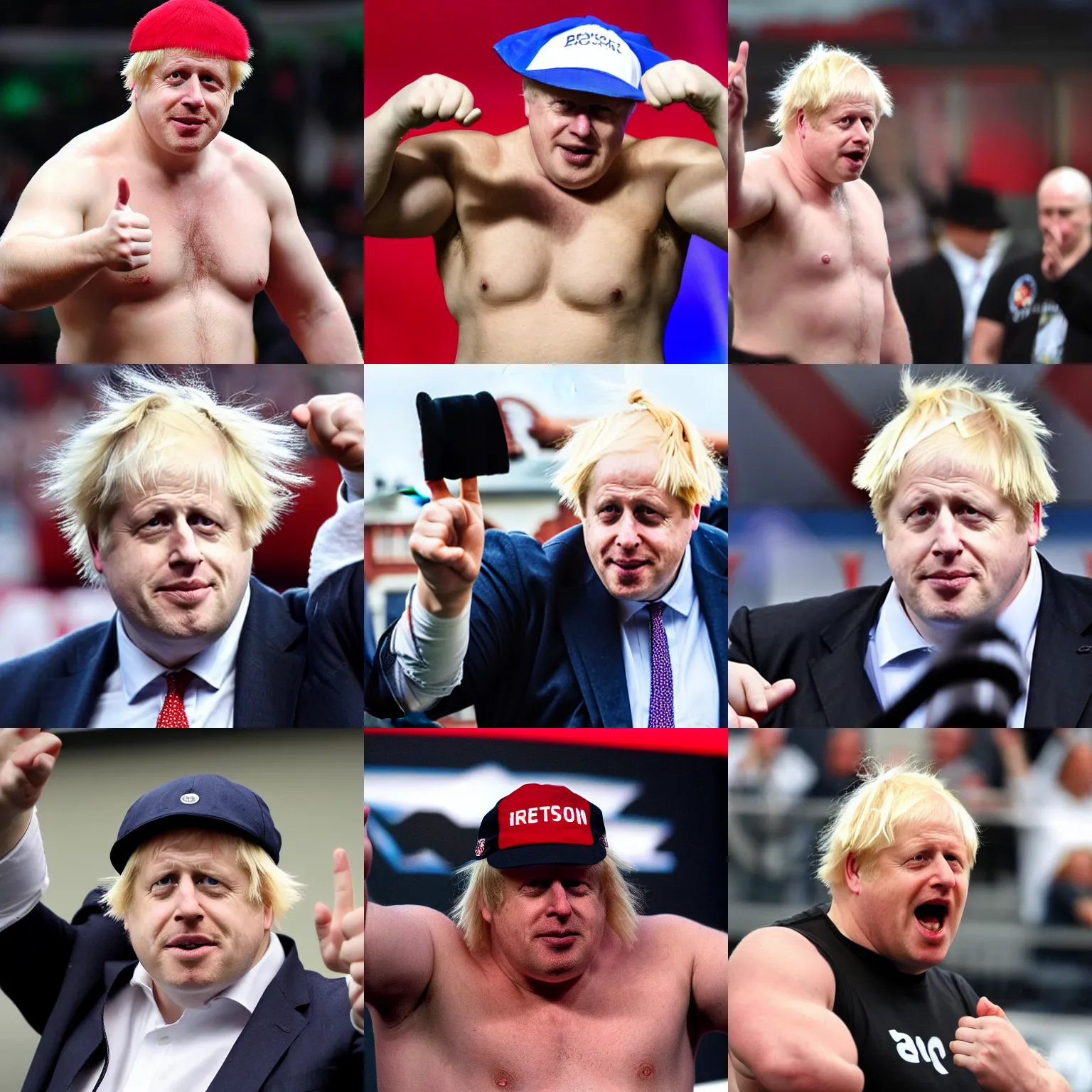 Prompt: boris johnson as a muscular wwe wrestler wearing a cap hat. he is angry and waving hello to the camera