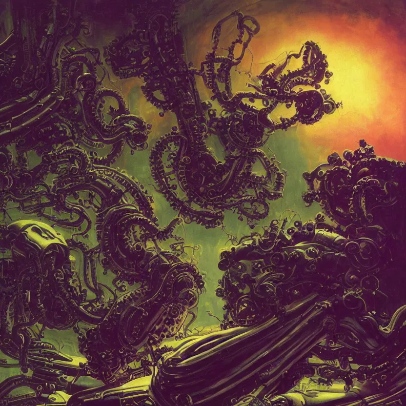 Prompt: a baroque neoclassical science fiction painting close - up of detailed black retrofuturistic lovecraftian engine technology. reflective iridescence. deep green and purple atmosphere. renaissance painting. highly detailed science fiction painting by norman rockwell, frank frazetta, and syd mead. rich colors, high contrast, gloomy atmosphere, dark background. trending on artstation