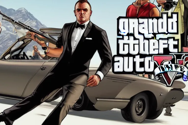 Image similar to GTA V cover art based on James Bond, starring 007 James Bond