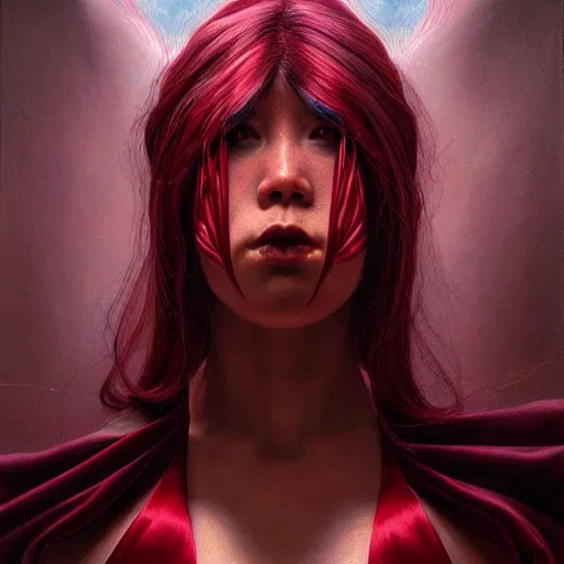 Image similar to chaotic burgundy satin ribbons instead of skin build image of dangerous agressive mystic face, moebius, bao pham, donato giancola, larry elmore, masterpiece, trending on artstation, featured on pixiv, cinematic composition, beautiful lighting, sharp, details, hyper - detailed, hdr, 4 k, 8 k