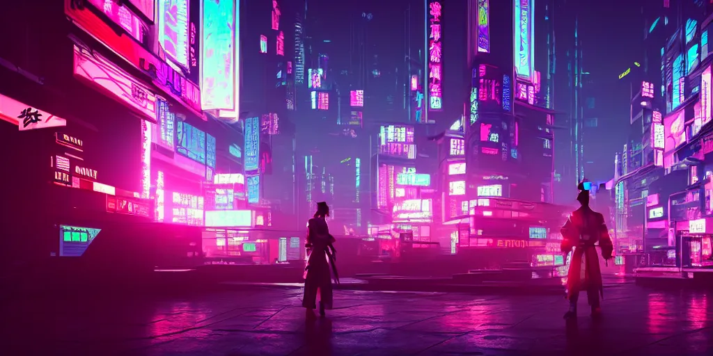 Samurai overlooking a neon-lit cyberpunk city