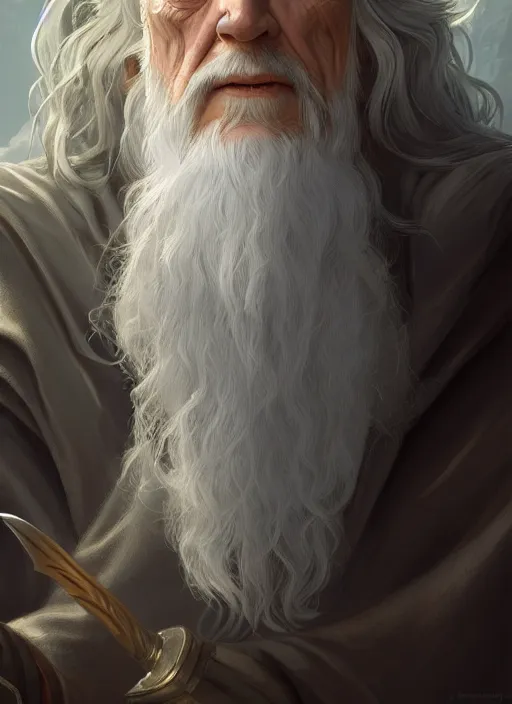 Image similar to gandalf the grey, d & d, fantasy, intricate, elegant, highly detailed, digital painting, artstation, concept art, matte, sharp focus, illustration, hearthstone, art by artgerm and greg rutkowski and alphonse mucha