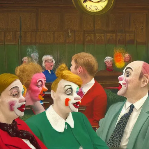 Prompt: a highly detailed beautiful portrait close up hyper realistic photograph of british members of parliament in the house of commons wearing pastel coloured clown costumes with pleasant oversized joyful faces, they are smoking. without visible brushstrokes but in the style of edward hopper, richard hamilton. concept art. green leather benches. photographic. concept. crisp. no artefacts. desaturated. high fidelity facial portrait. 8 k