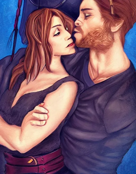 Image similar to couple in love. fully clothed armed female pirate captain, rachel wall, with a male pirate partner, sun, summer, blue eyes, beauty, wisdom, love, strength, knowledge, smart, portrait, symmetrical, highly detailed, digital painting, artstation, smooth, sharp focus, illustration, strength, art nouveau. 8 k