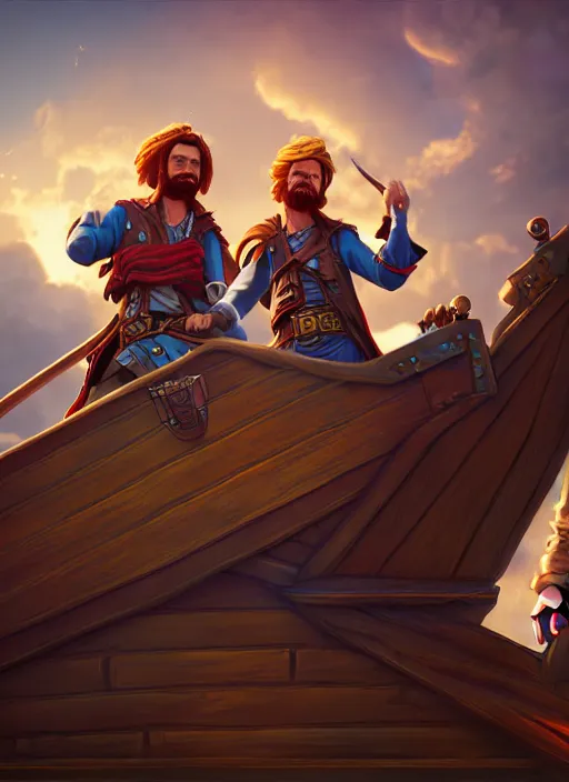 Image similar to an epic fantasy comic book style portrait painting of two bumbling idiot sky - pirates on the deck of a skyship looking at a chest, unreal 5, daz, hyperrealistic, octane render, cosplay, rpg portrait, dynamic lighting