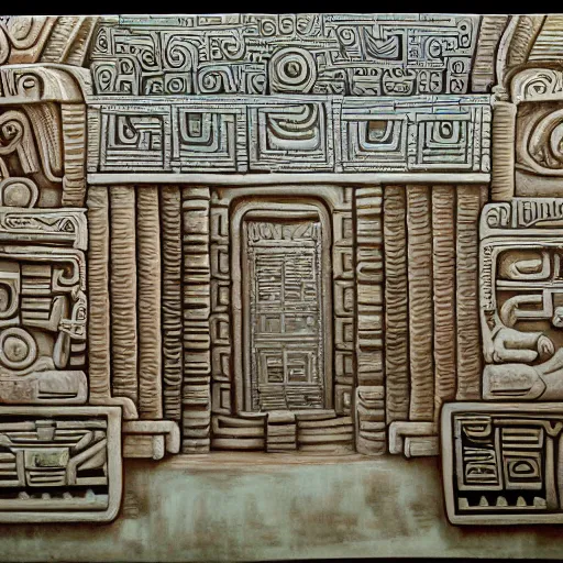 Image similar to 3/4 perspective, mayan influenced architecural painting of a hidden city with a large statue in the middle of a courtyard, artstation, highly detailed,