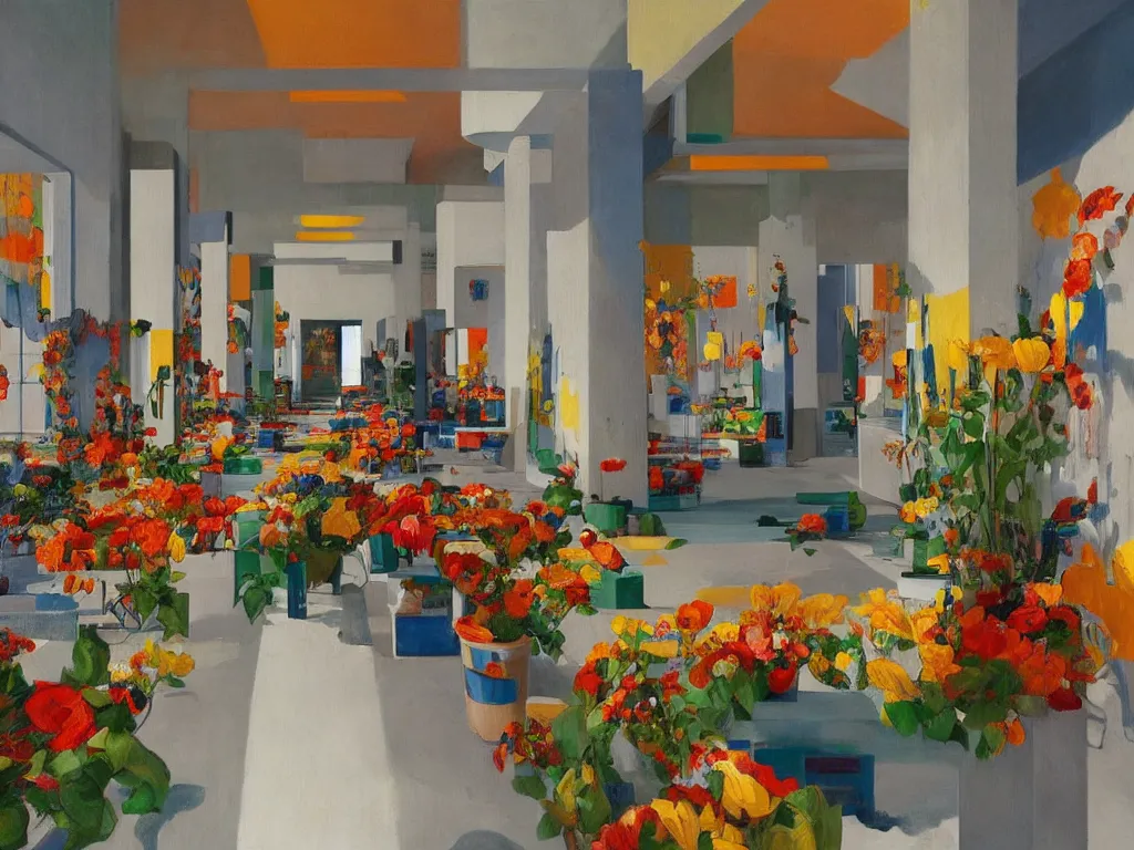 Image similar to colorful minimalist industrial interior hallway with monolithic pillars in the style of ridley scott and stanley kubrick, impossible stijl architecture, bed of flowers on floor, brutalist, ultra wide angle view, realistic detailed painting by edward hopper