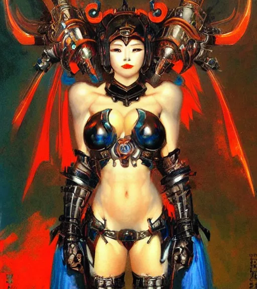 Image similar to portrait of strong korean female chaos angel, beautiful! coherent! by frank frazetta, by brom, strong line, vivid neon color, spiked scrap metal armor, iron helm maximalist