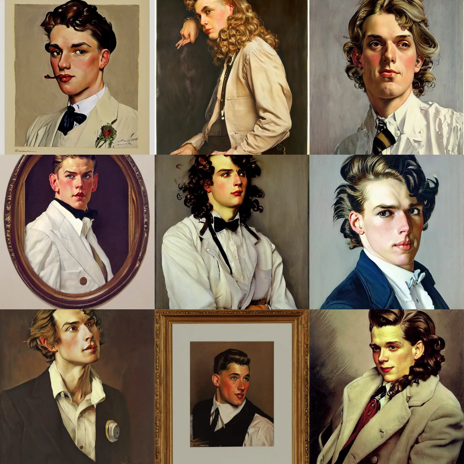 Prompt: Painting of Dominik Sadoch with long fluffy curly blond hair. By J.C Leyendecker and Norman Rockwell. Androgynous clean shaven scandinavian white man.