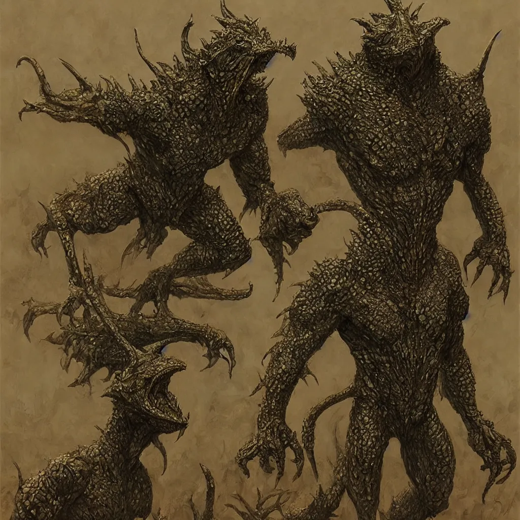 Image similar to lizardman warrior concept, highly detailed, tribal, beksinski