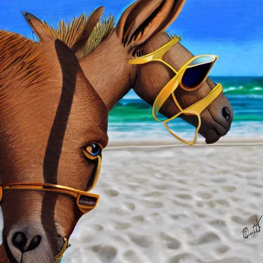 Prompt: A donkey wearing cool sunglasses at the beach, amazing detail, digital art by Irina French