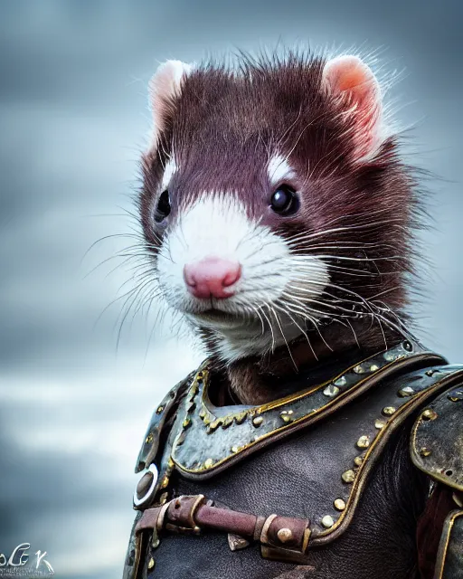 Prompt: ferret love warrior, furry, fantasy, viking, high detailed, hearts, photography, cloudy, lightweight leather armour, scandinavia, plain, detailed face, look into the distance, serious face, full body, in full growth, professional photographer, masterpiece, 5 0 mm, extremely detailed, digital art 8 k