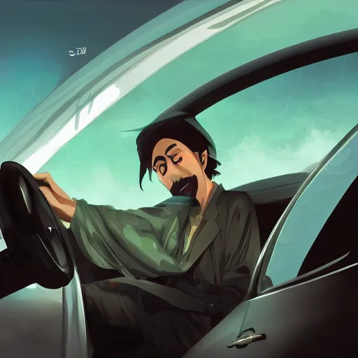 Image similar to saudi arab man smoking inside a car, anime digital art in the style of greg rutkowski and craig mullins, 4 k