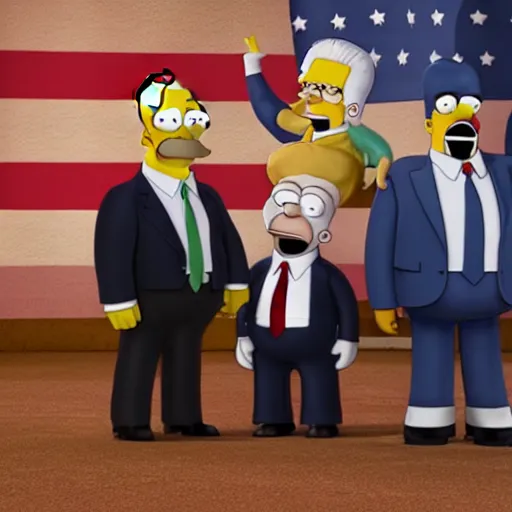 Image similar to Donald Trump with Homer Simpson body, realistic artstyle, wide shot, dramatic lighting, octane render, hyperrealistic, high quality, highly detailed, HD, beautiful, cinematic, 8k, unreal engine, facial accuracy, symmetrical