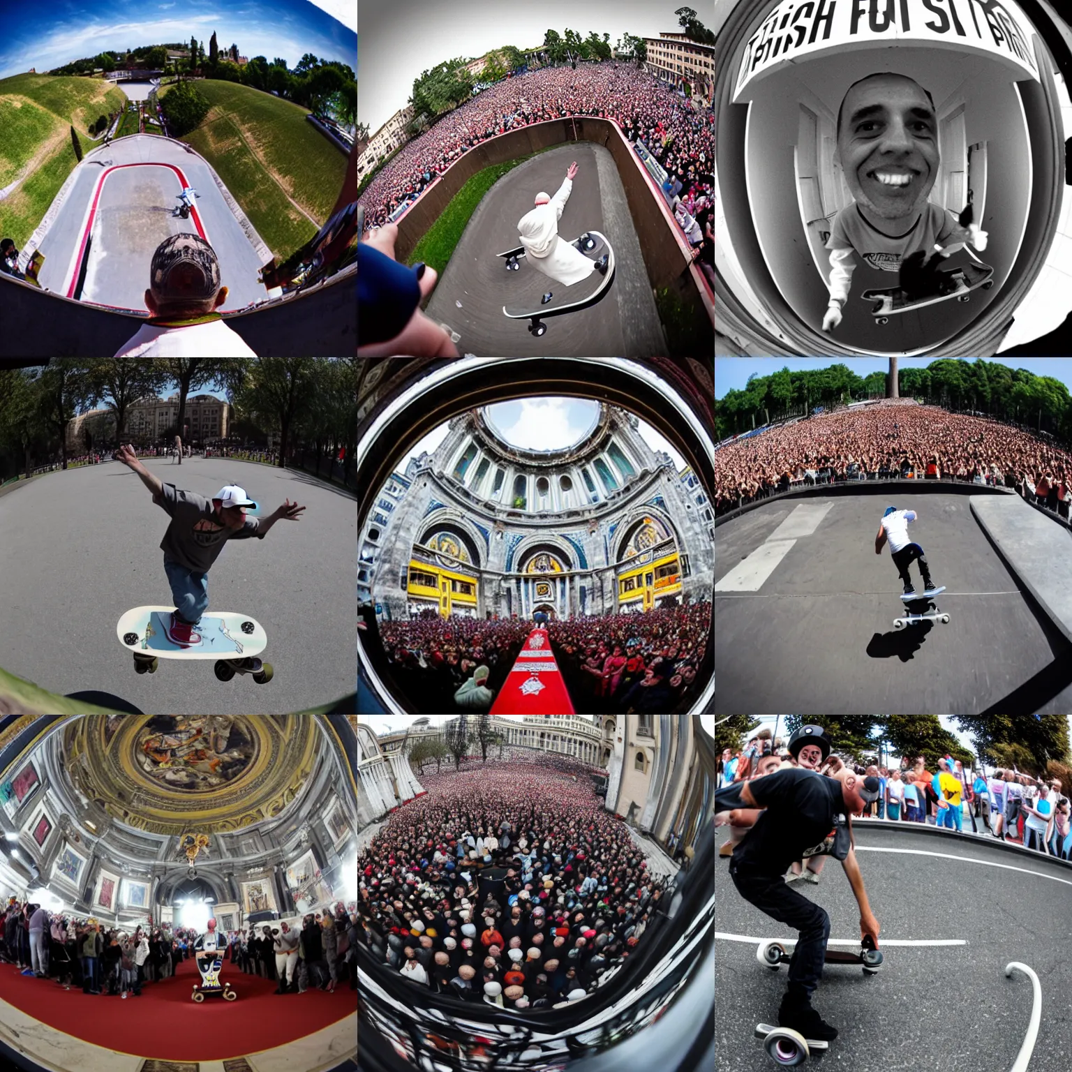 Prompt: fish eye lens of the pope skateboarding