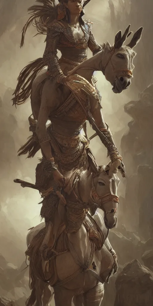 Image similar to portrait of a donkey warrior, intricate, elegant, highly detailed, digital painting, artstation, concept art, smooth, sharp focus, illustration, art by artgerm and greg rutkowski and alphonse mucha, 8 k