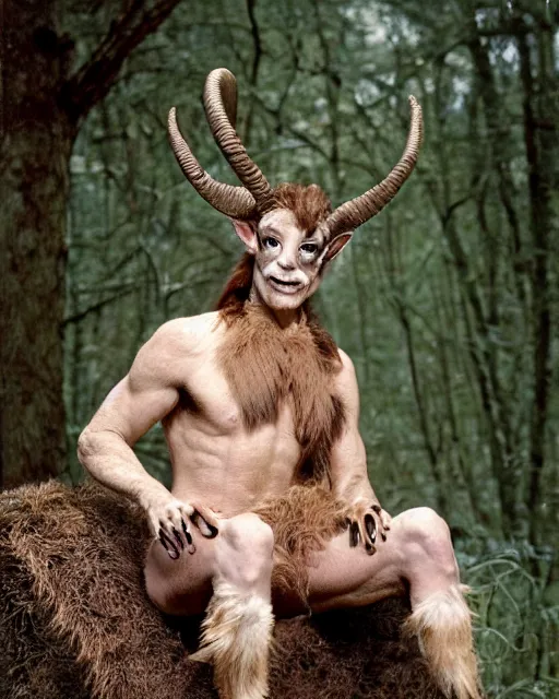 Prompt: actor Roddy McDowell in Elaborate Pan Satyr Goat Man Makeup and prosthetics designed by Rick Baker, Hyperreal, He has goat man legs, cloven feet and horns, He is sitting on a log near a beautiful meadow holding his flute. A beautiful Maiden in a beautiful Sandy Powell designed Victorian era dress can be seen off in the distance