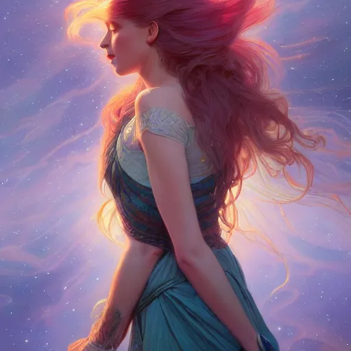 Image similar to aurora, girl with super long hair, hair becoming bright stars, intricate, highly detailed, digital painting, artstation, concept art, smooth, sharp focus, illustration, unreal engine 5, 8 k, art by artgerm and greg rutkowski and alphonse mucha