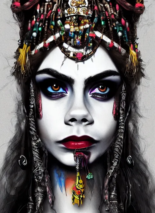 Image similar to cara delevingne as a voodoo priestess, detailed digital art, trending on Artstation
