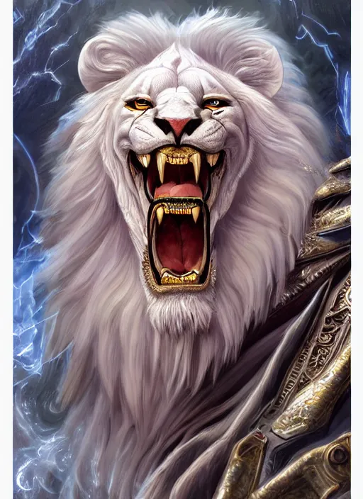 Prompt: anthropomorphized white lion wizard casting magic bright light spell, smiling, casting spell, concept art, insanely detailed and intricate, hypermaximalist, elegant, ornate, hyper realistic, super detailed, art deco, cinematic, trending on artstation, magic the gathering artwork