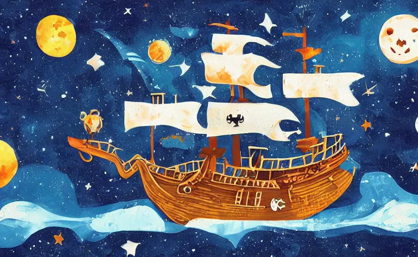 Image similar to pirate ship in space, storybook, gouache, flat, concept art, lush