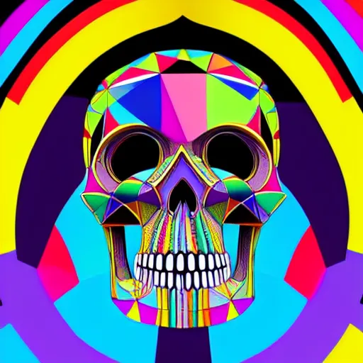 Prompt: Skull, Rainbow geometric architectures blend with organic shapes, Pop Surrealism, Essence of street forms, Geometric structures and multicolored prints, Colorful, High Detail, Symmetry, Poster,