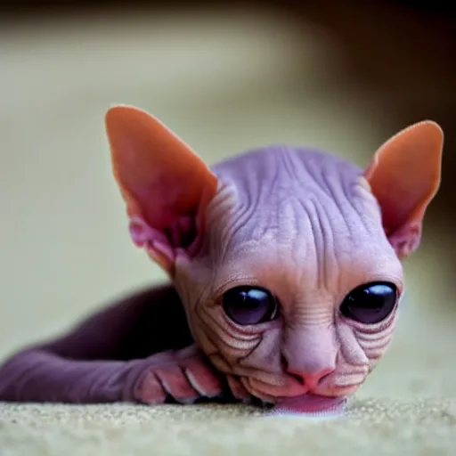 Prompt: tiny wrinkly bald hairless sphinx kitten