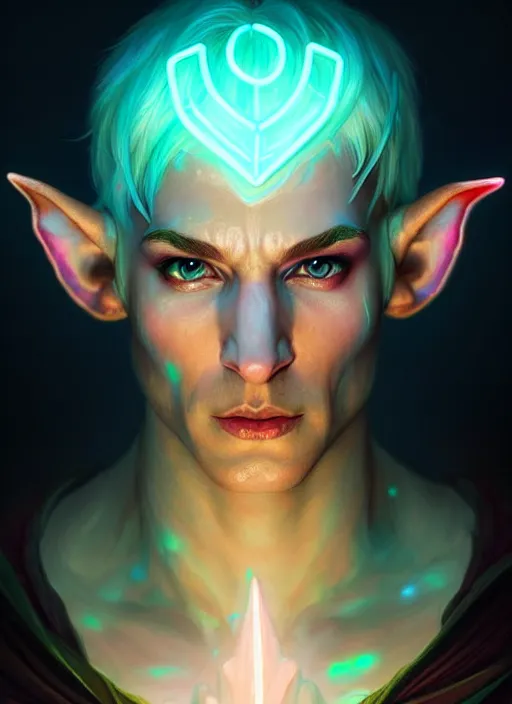 Image similar to meditative male elf rogue, dnd fantasy character portrait, glowing neon skin, magical aura, ultra realistic, intricate, elegant, highly detailed, digital painting, artstation, smooth, sharp, focus, illustration, art by artgerm and greg rutkowski and alphonse mucha