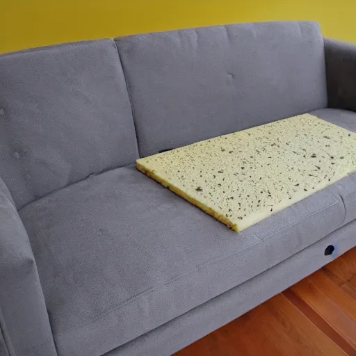 Prompt: sofa made from cheese with big holes