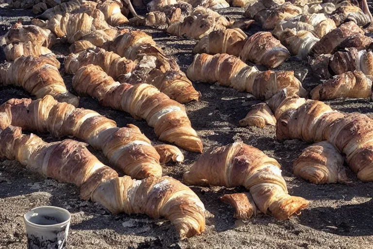 Prompt: croissant graveyard, in a dark and gritty version from the makers of mad max fury road