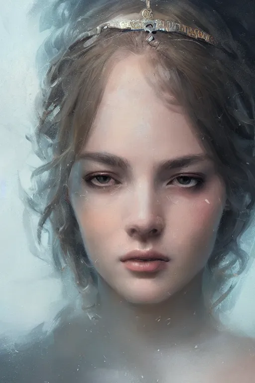 Image similar to greek goddess of ai art, close - up portrait, powerfull, intricate, elegant, volumetric lighting, scenery, digital painting, highly detailed, artstation, sharp focus, illustration, concept art, ruan jia, steve mccurry