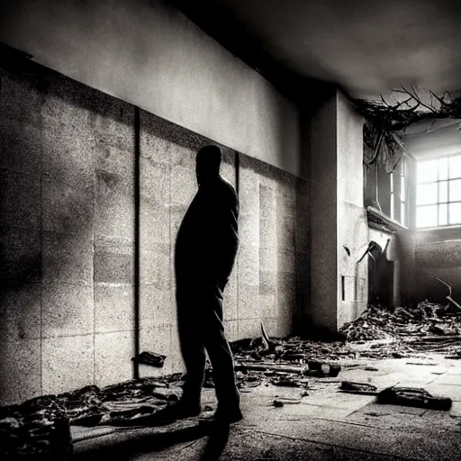 Image similar to A mysterious man standing in the middle of a stair hallway looking in the direction of the camera, the man is using a flashlight in a City in ruins with trees growing from the destroyed buildings :: apocalyptic, gloomy, desolate :: long shot, low angle, dramatic backlighting, symmetrical photography :: cinematic shot, highly detailed