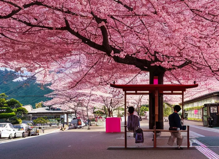 Image similar to a bus stop in kyoto where cherry blossoms bloom a warm pink color pixel art.