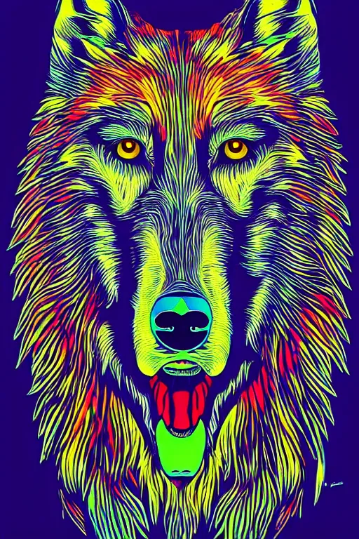 Image similar to Psychotic crisis portrait of a wolf head. psychedelic colors, very detailed, lineart